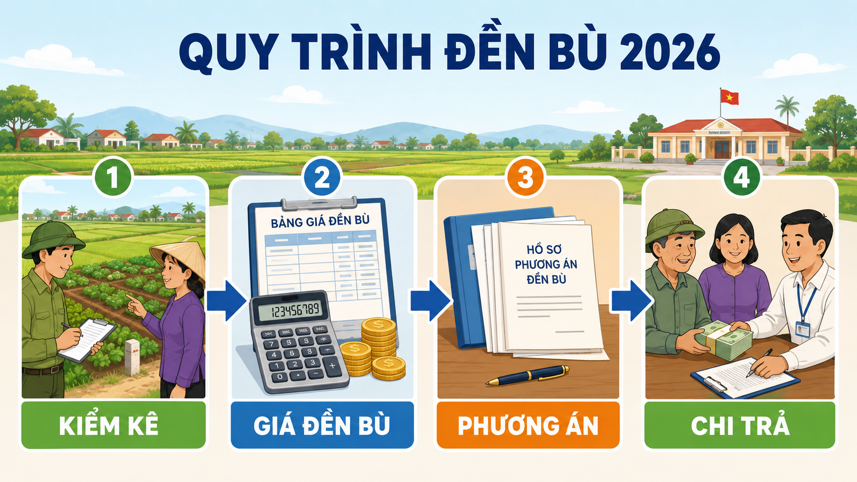 Quy trình đền bù đất nông nghiệp 2026 gồm 4 bước: kiểm kê, giá đền bù, phương án và chi trả