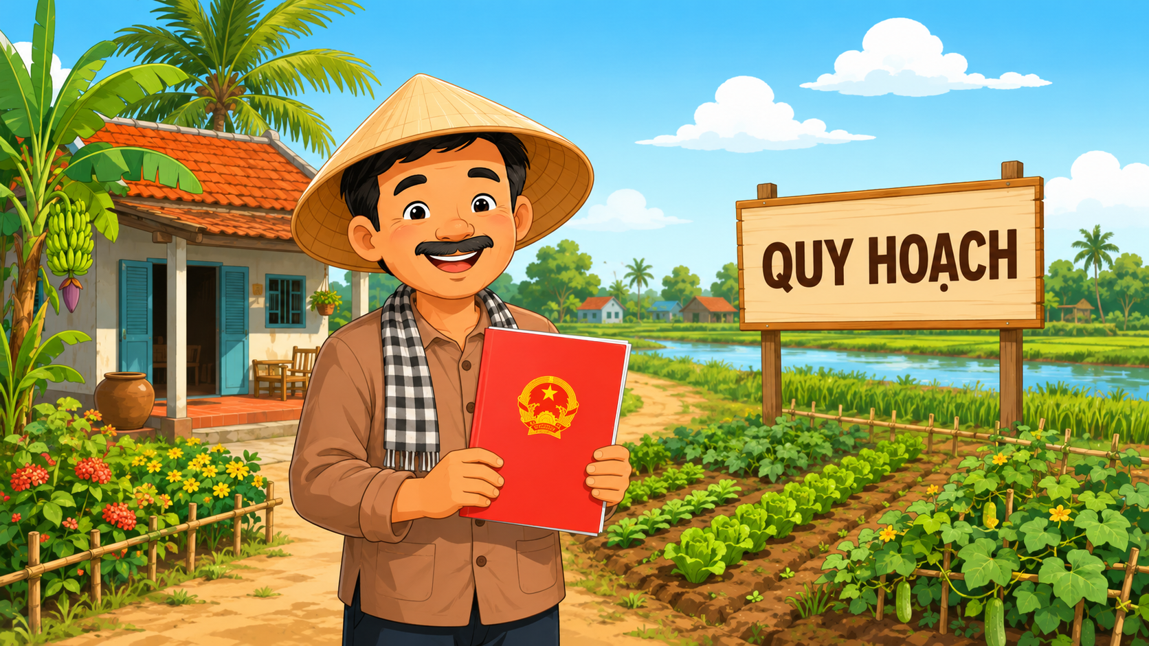 Sáu Bình cầm sổ đỏ bên biển quy hoạch - mua bán đất giấy tay khu chờ thu hồi