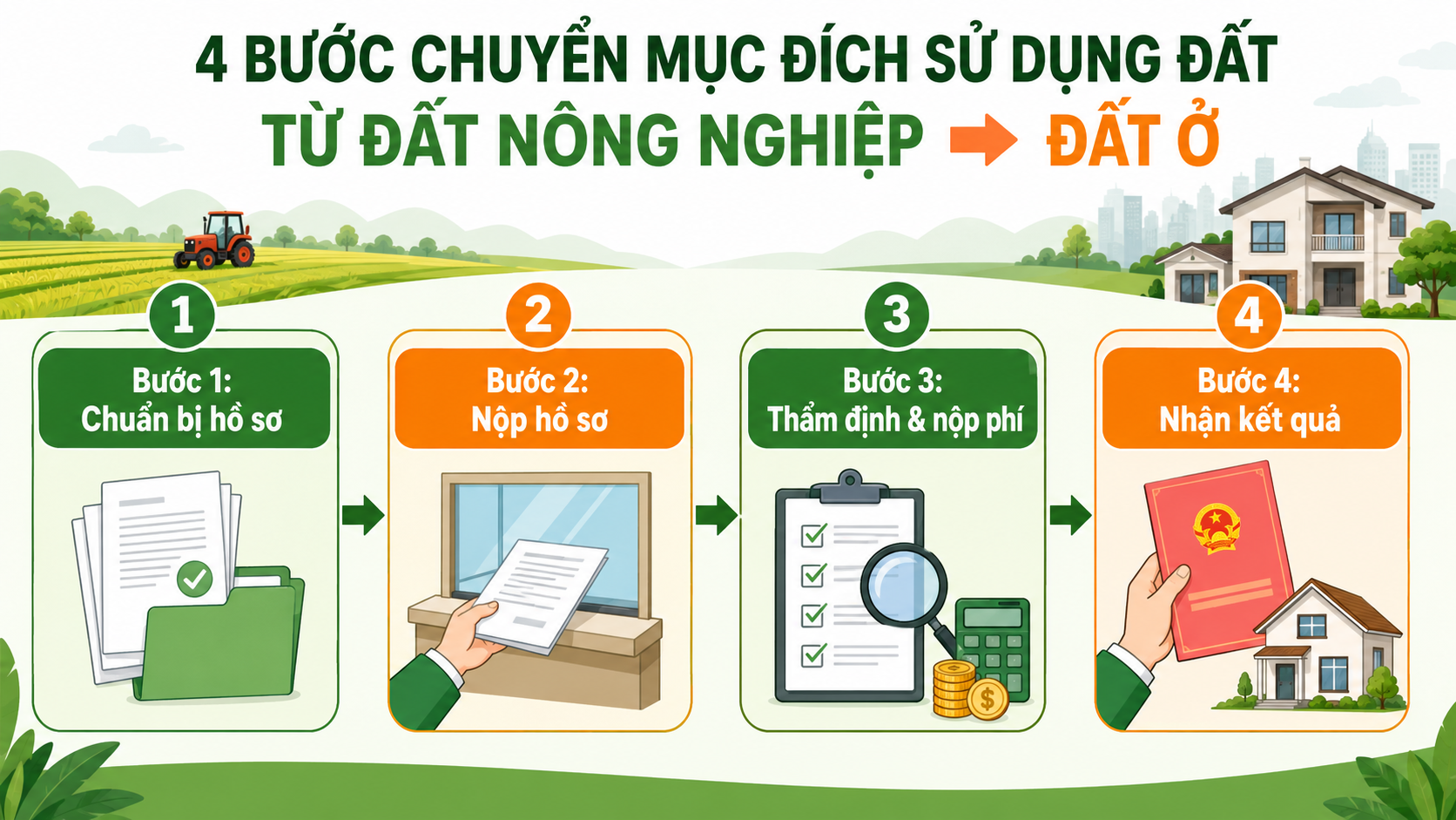 Infographic 4 bước chuyển đất nông nghiệp lên thổ cư (đất ở)