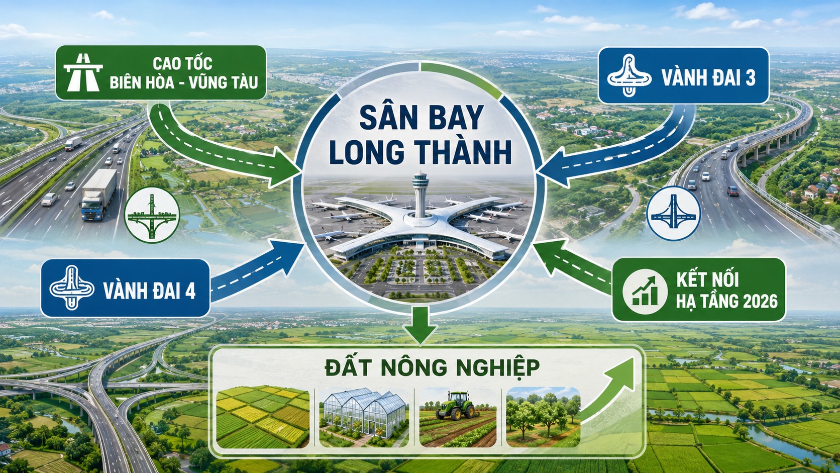 Sơ đồ hạ tầng kết nối sân bay Long Thành và giá trị đất nông nghiệp