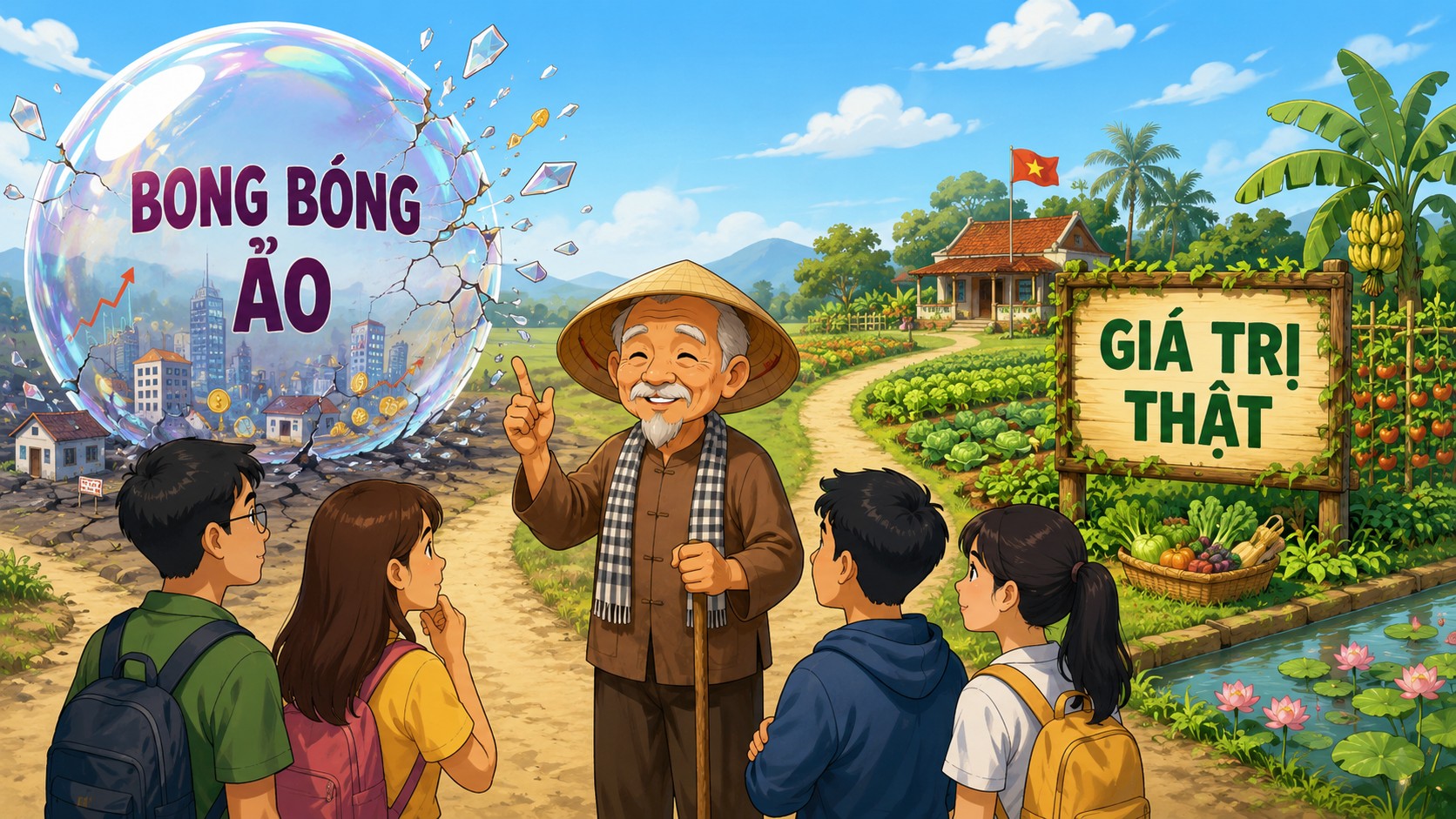 Tranh hoạt hình so sánh bong bóng ảo bất động sản và giá trị thật của đất nông nghiệp
