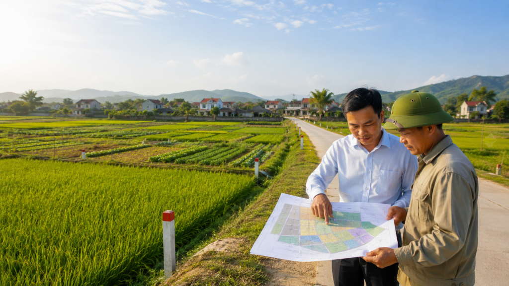Cán bộ tư vấn người dân về đất nông nghiệp quy hoạch trên bản đồ