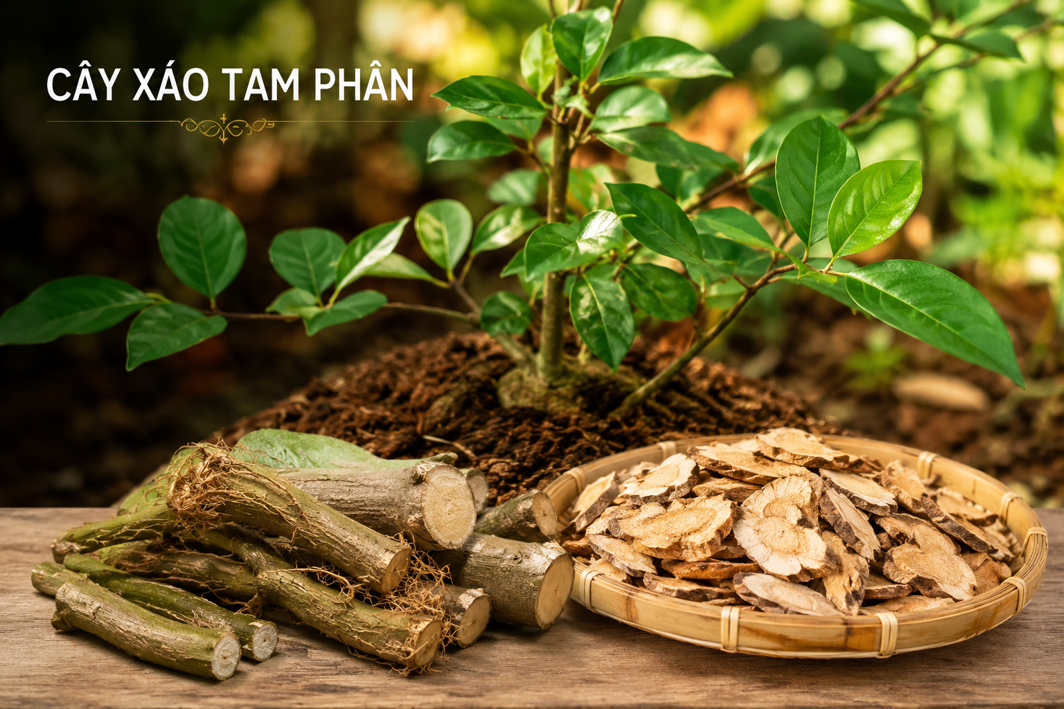 Cận cảnh rễ và thân cây Xáo Tam Phân khô màu nâu vàng – bộ phận giá trị nhất của cây dược liệu quý