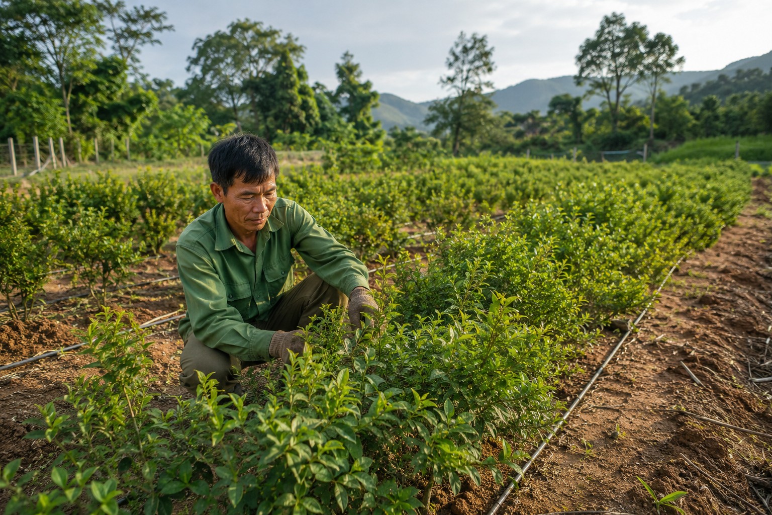 Người nông dân chăm sóc vườn cây Xáo Tam Phân trên đất nông nghiệp phía Bắc Việt Nam