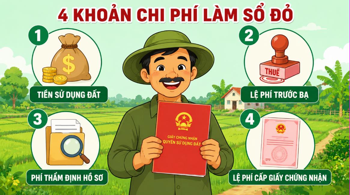Infographic 4 khoản chi phí làm sổ đỏ đất không giấy tờ gồm tiền sử dụng đất, lệ phí trước bạ, phí thẩm định hồ sơ và lệ phí cấp giấy chứng nhận