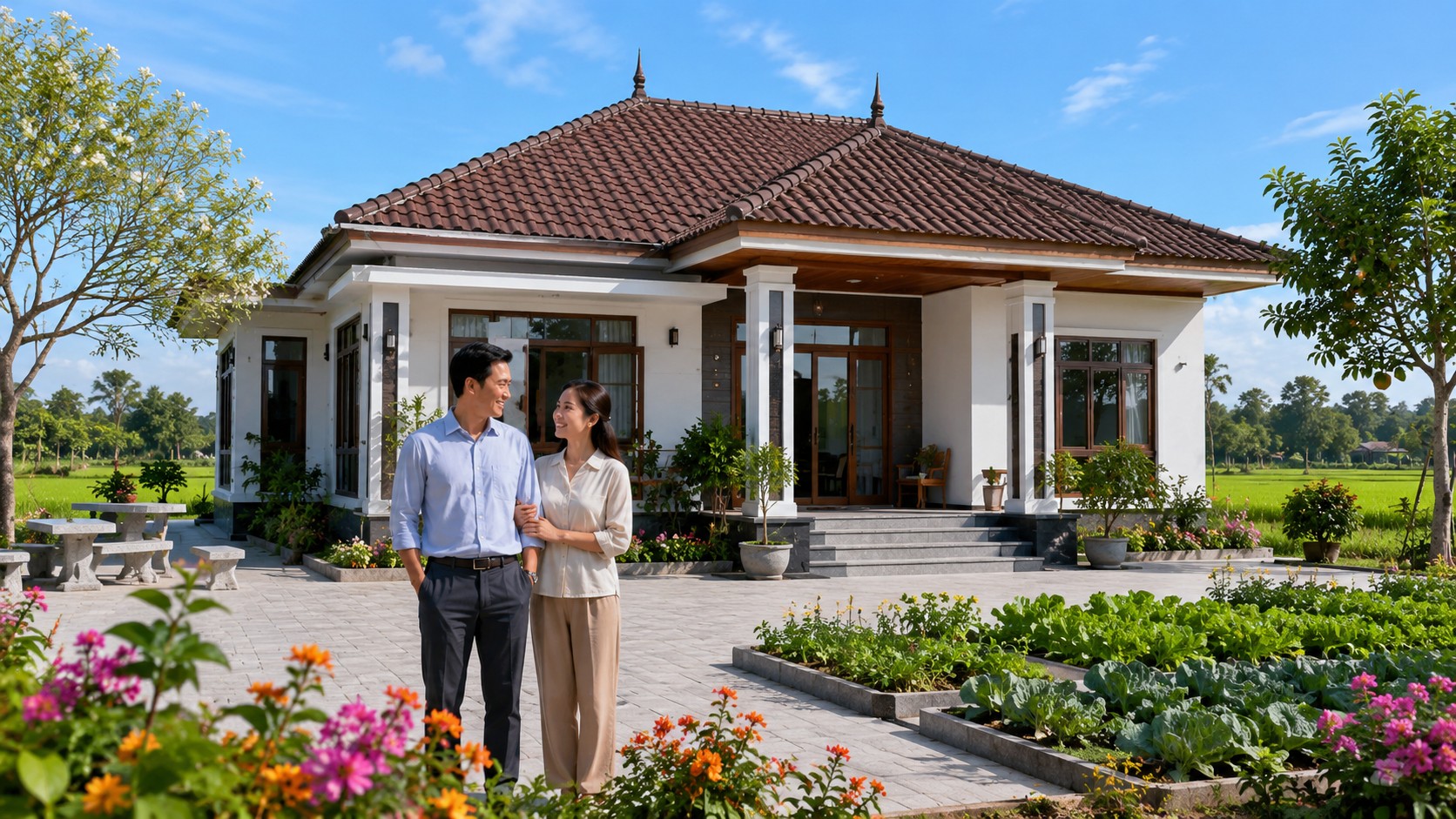 Biệt thự vườn mái Nhật 1 tầng giữa vùng quê gần đất nông nghiệp