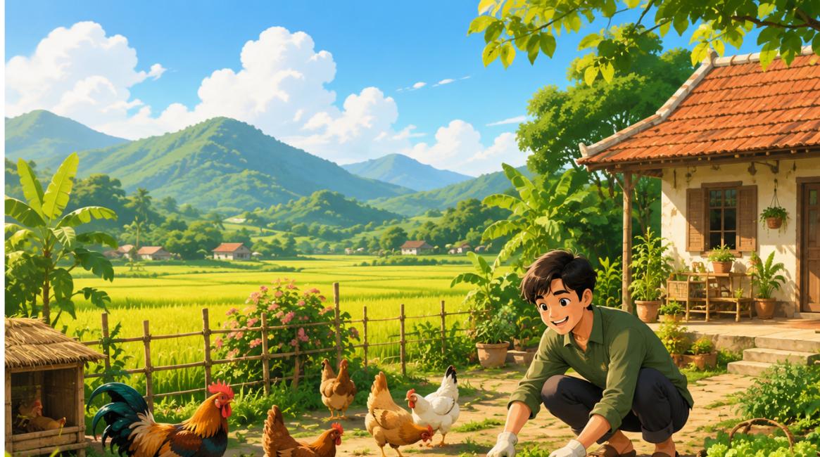 Minh họa bỏ phố về quê làm vườn trồng rau nuôi gà ở nông thôn