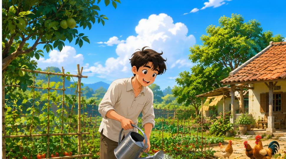 Bỏ phố về quê phong cách hoạt hình: bạn trẻ vui vẻ tưới rau, chăm vườn ở nông thôn Việt Nam