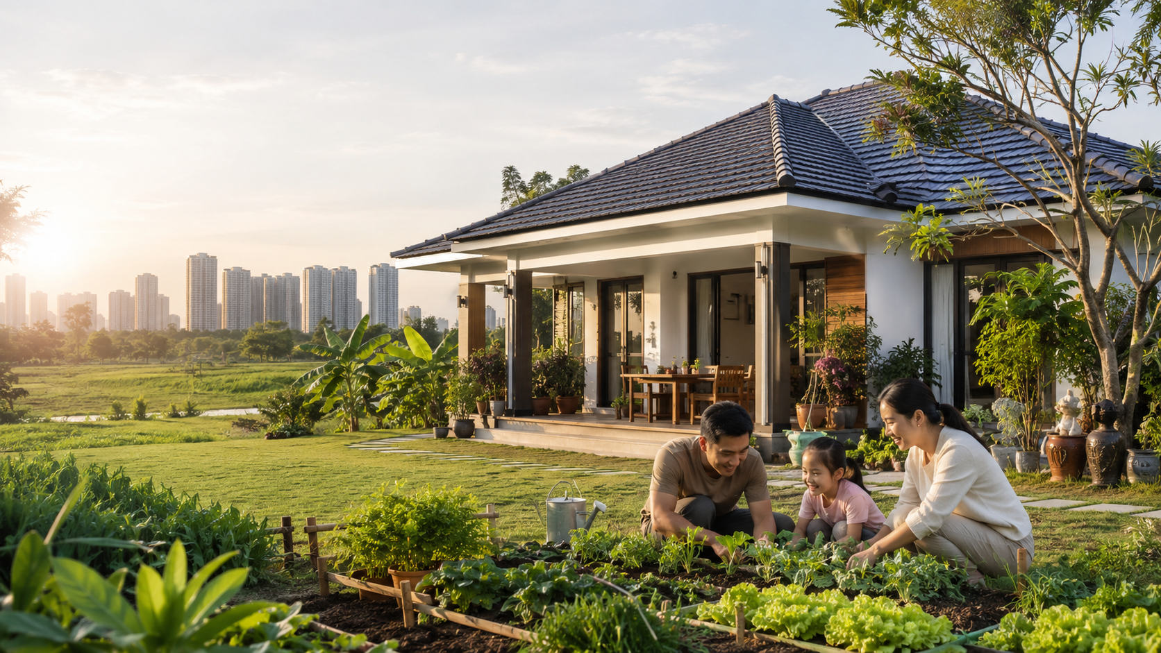 Gia đình bỏ phố về quê chăm vườn rau trên đất nông nghiệp bên nhà vườn mái Nhật