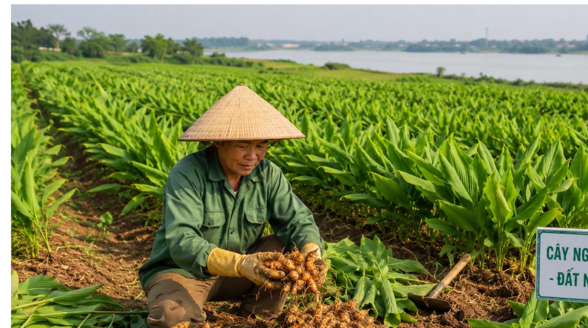Cây nghệ dược liệu trồng trên đất nông nghiệp ven sông Hồng ở Hưng Yên