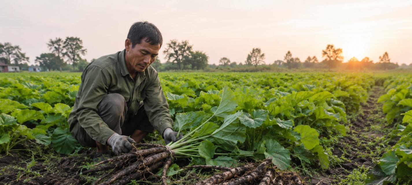 Cây ngưu bàng được nông dân thu hoạch trên đất nông nghiệp