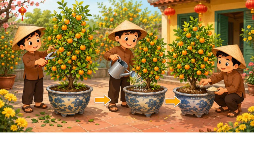 Các bước chăm sóc quất sau Tết: tỉa cành, tưới nước và bón phân cho cây quất cảnh
