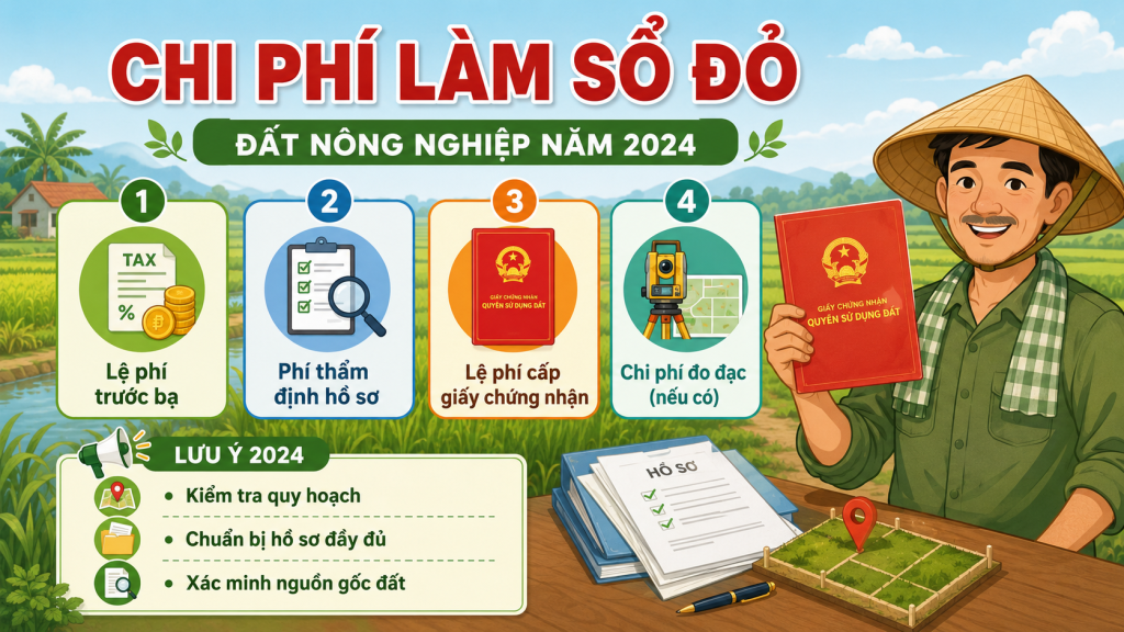 Chi phí làm sổ đỏ cho đất nông nghiệp 2024 gồm lệ phí trước bạ, phí thẩm định, lệ phí cấp giấy chứng nhận và chi phí đo đạc