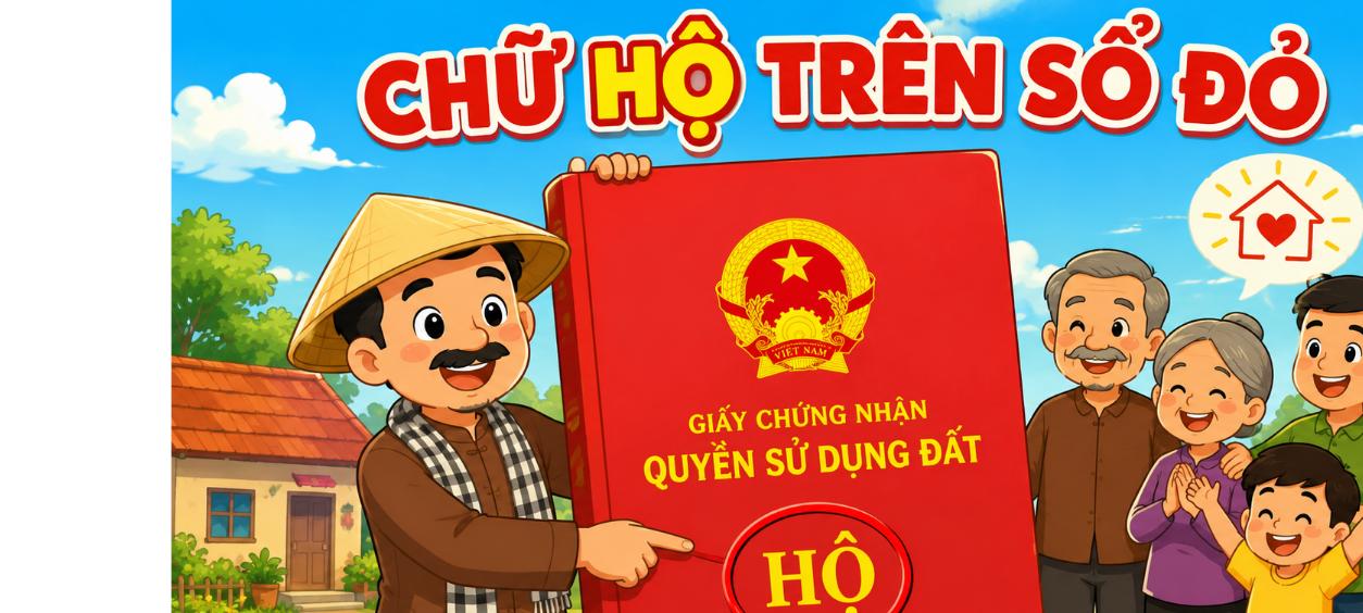 Minh họa hoạt hình chữ Hộ trên sổ đỏ và quyền sử dụng đất của hộ gia đình