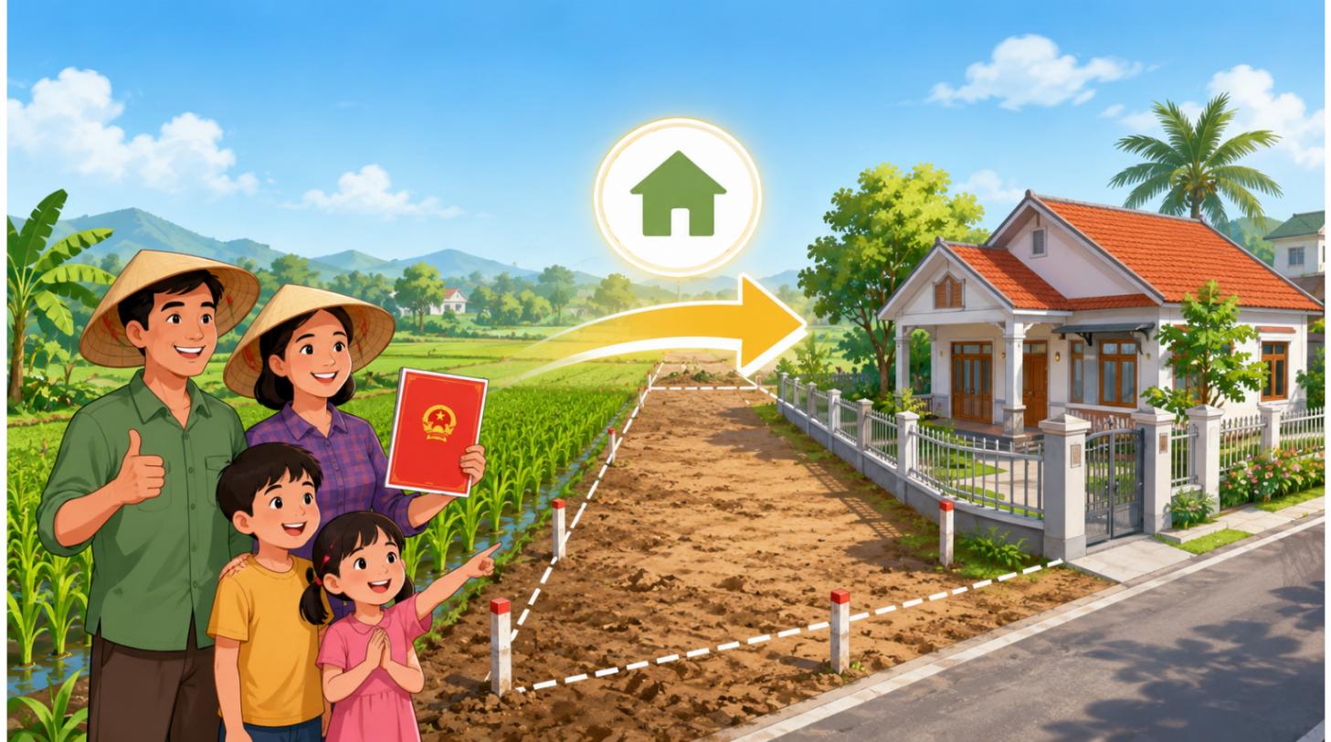 Chuyển đất nông nghiệp lên thổ cư - minh họa gia đình làm sổ đỏ và xây nhà