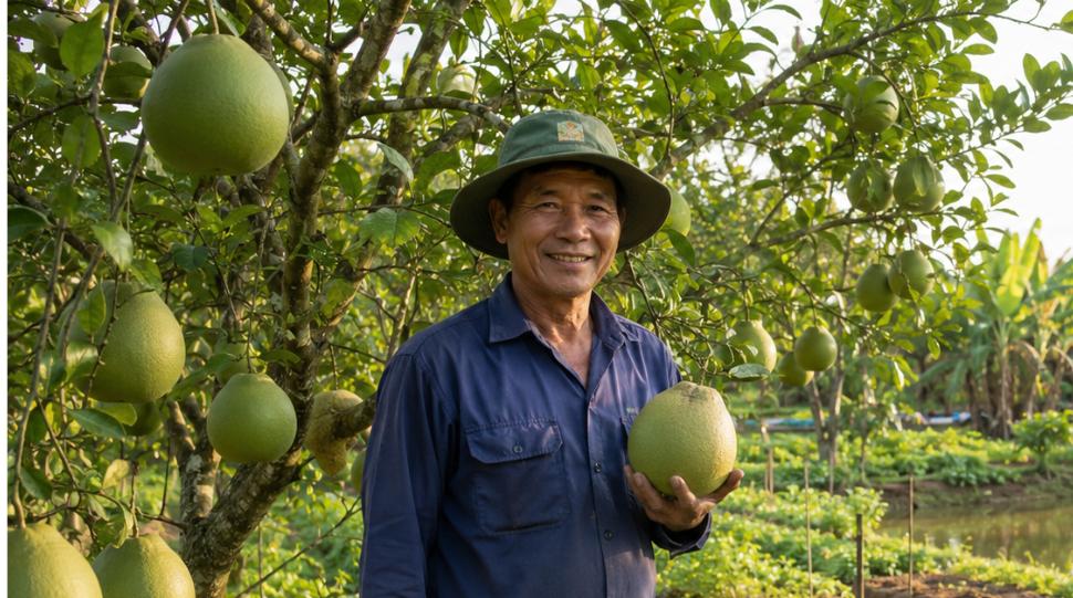 Nông dân An Giang bên vườn bưởi da xanh sau khi chuyển đổi đất nông nghiệp kém hiệu quả