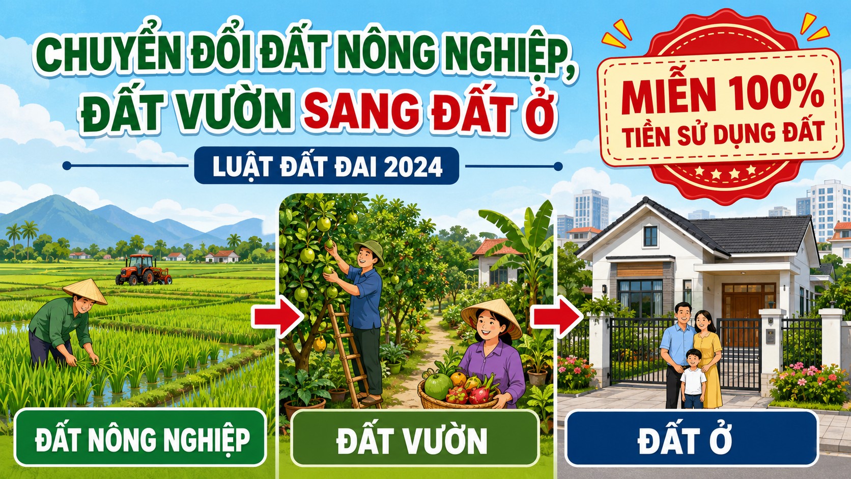 Chuyển đổi đất nông nghiệp, đất vườn lên thổ cư miễn 100% tiền sử dụng đất theo Luật Đất đai 2024