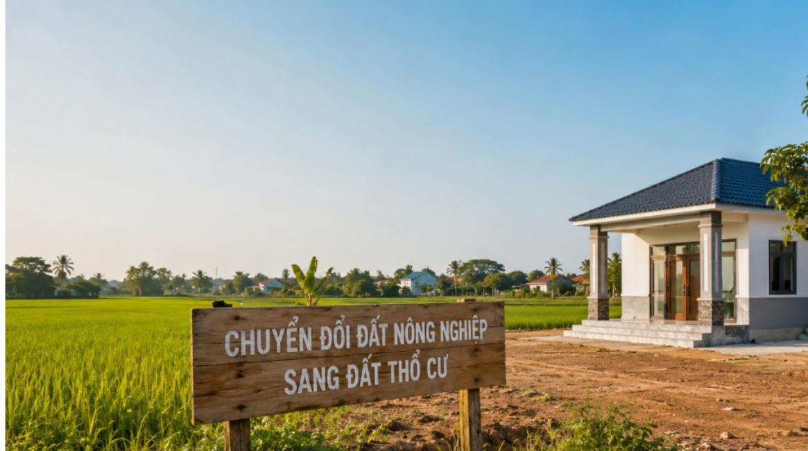Chuyển đổi đất nông nghiệp sang đất thổ cư - ruộng lúa và nhà mới xây ở nông thôn