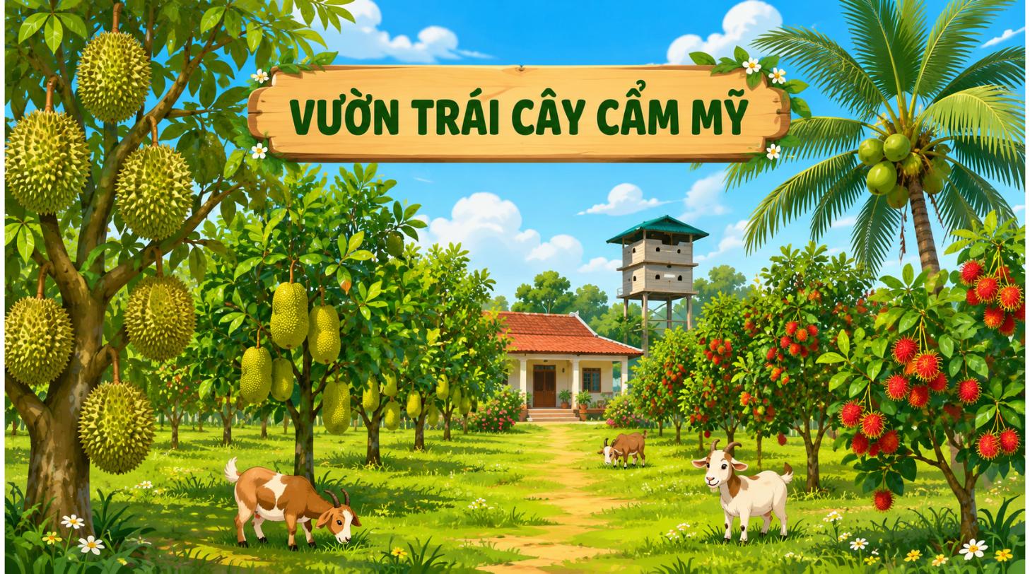 Minh họa đất nông nghiệp Cẩm Mỹ - vườn trái cây Cẩm Mỹ với sầu riêng, nhà yến và trại dê
