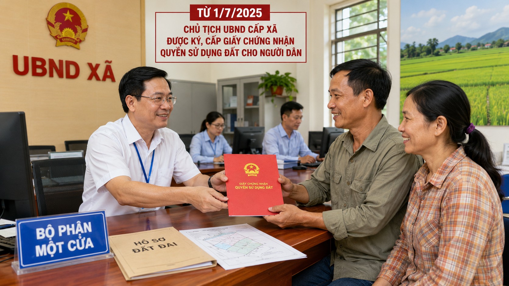 Đất nông nghiệp - cán bộ xã trao sổ đỏ cho bà con nông dân tại UBND xã từ 1/7/2025