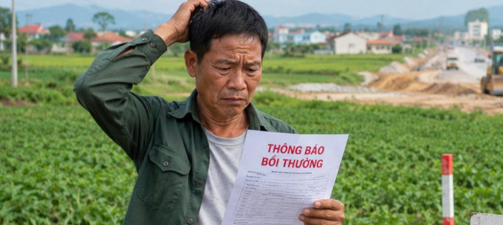 Người dân cầm thông báo bồi thường đất nông nghiệp bên khu đất đang giải phóng mặt bằng