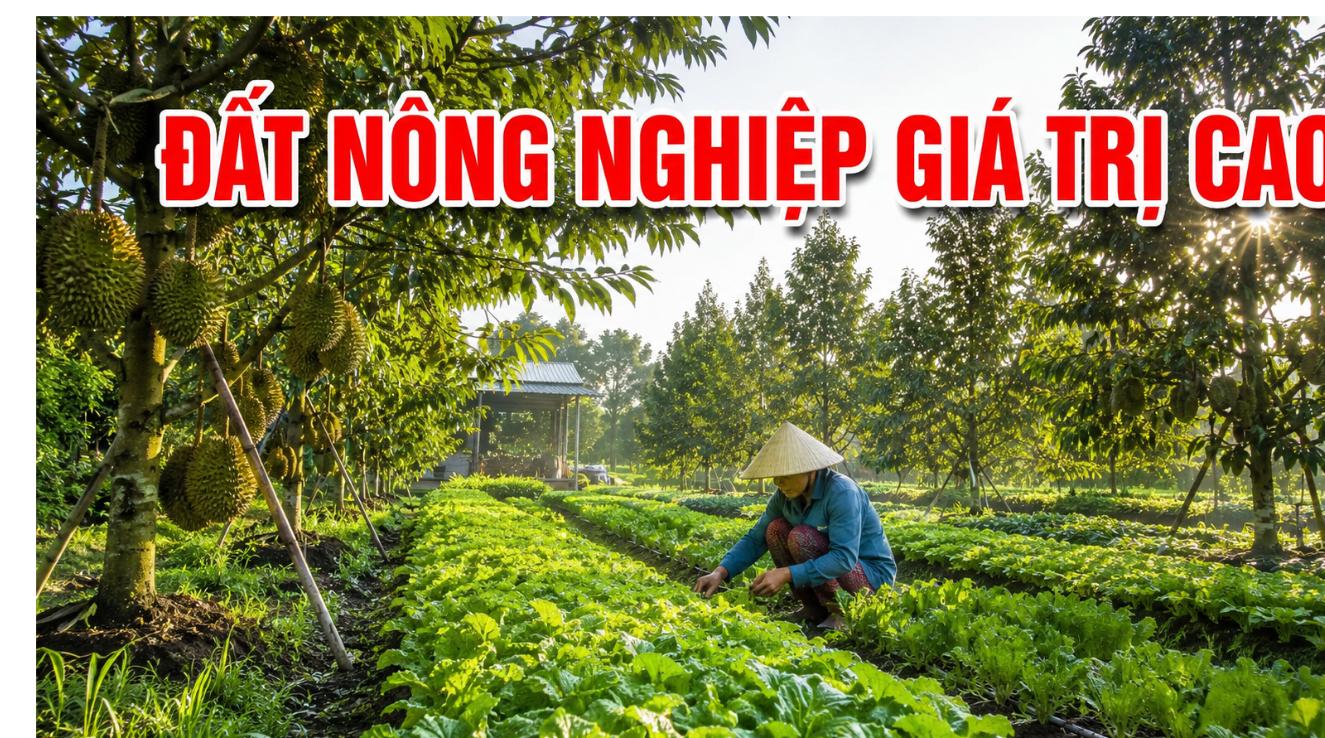 Đất nông nghiệp giá trị cao với vườn cây ăn quả và luống rau xanh tốt