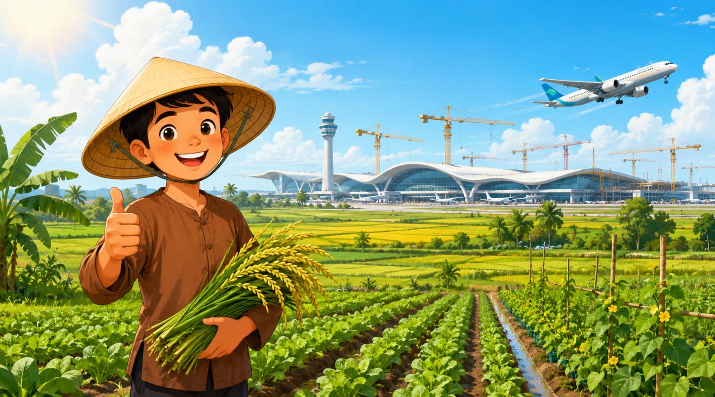 Bác nông dân trên đất nông nghiệp bên sân bay Long Thành phong cách hoạt hình