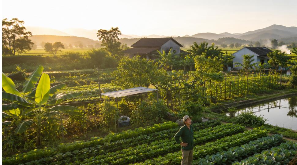 Đất nông nghiệp làm giàu: vùng quê Việt Nam trù phú với vườn rau, ao cá và người nông dân