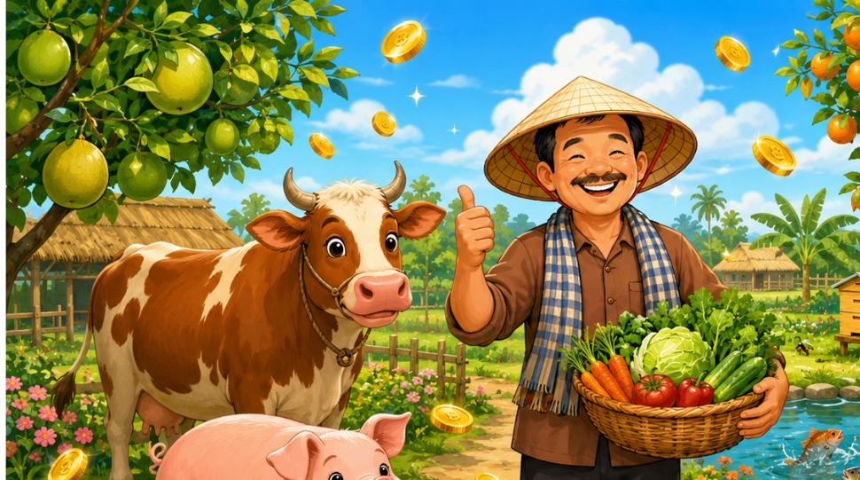 Đất nông nghiệp làm giàu: nông dân vui vẻ với mô hình chăn nuôi trồng trọt minh họa hoạt hình