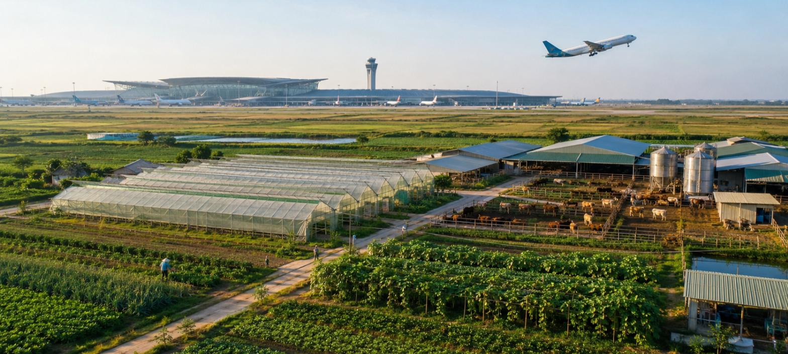 Đất nông nghiệp Long Thành với nhà kính công nghệ cao và sân bay quốc tế phía xa