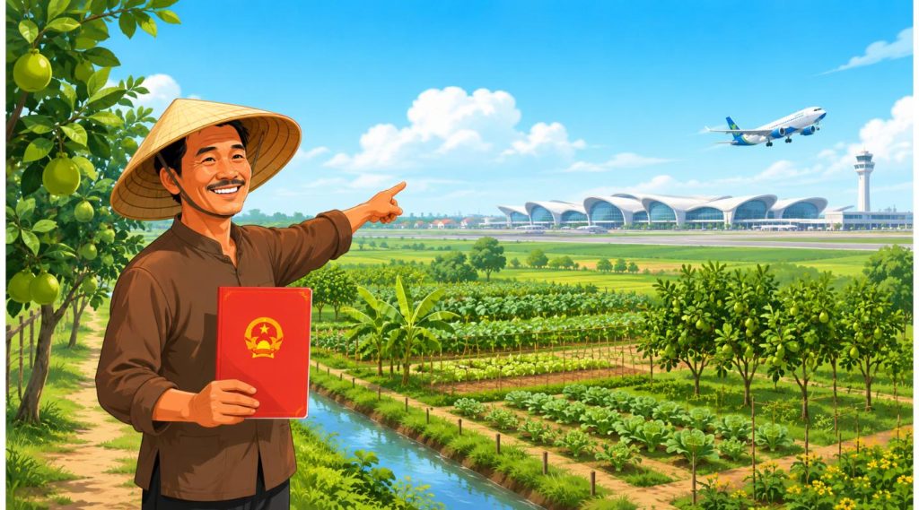 Minh họa đất nông nghiệp Long Thành: bác nông dân cầm sổ đỏ chỉ về sân bay Long Thành và vườn cây trái