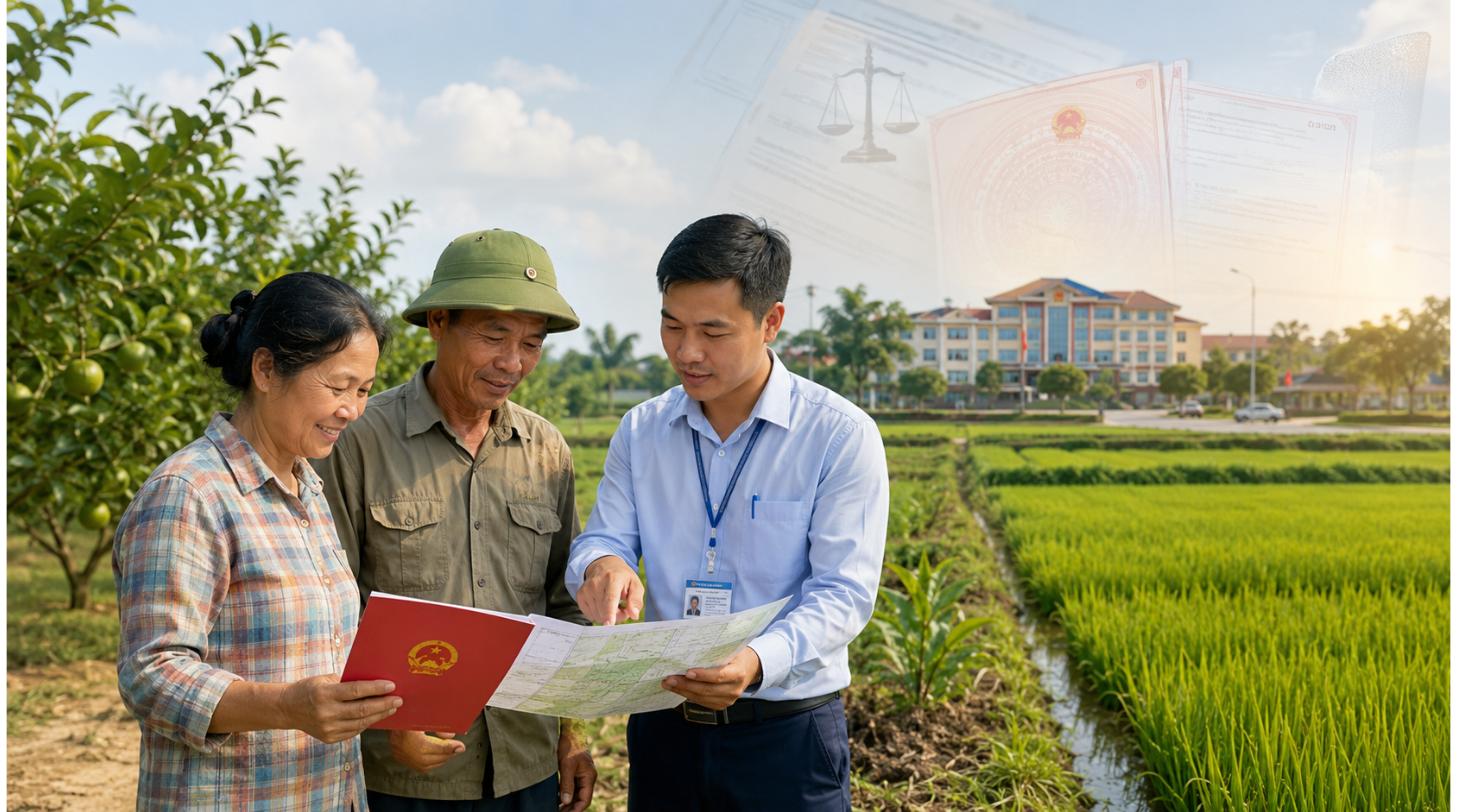 Đất nông nghiệp và 5 thay đổi lớn của Luật Đất đai từ 01/07/2026 - nông dân cầm sổ đỏ trên cánh đồng