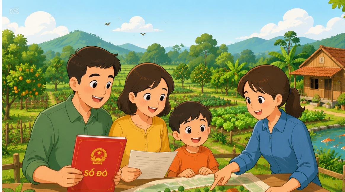 Đất nông nghiệp làm nhà vườn minh họa hoạt hình Gia đình xem sổ đỏ và quy hoạch trước khi mua đất nông nghiệp làm nhà vườn