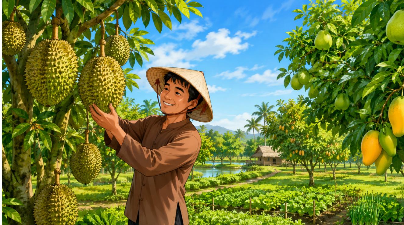 nông dân chăm vườn cây ăn quả trên đất nông nghiệp