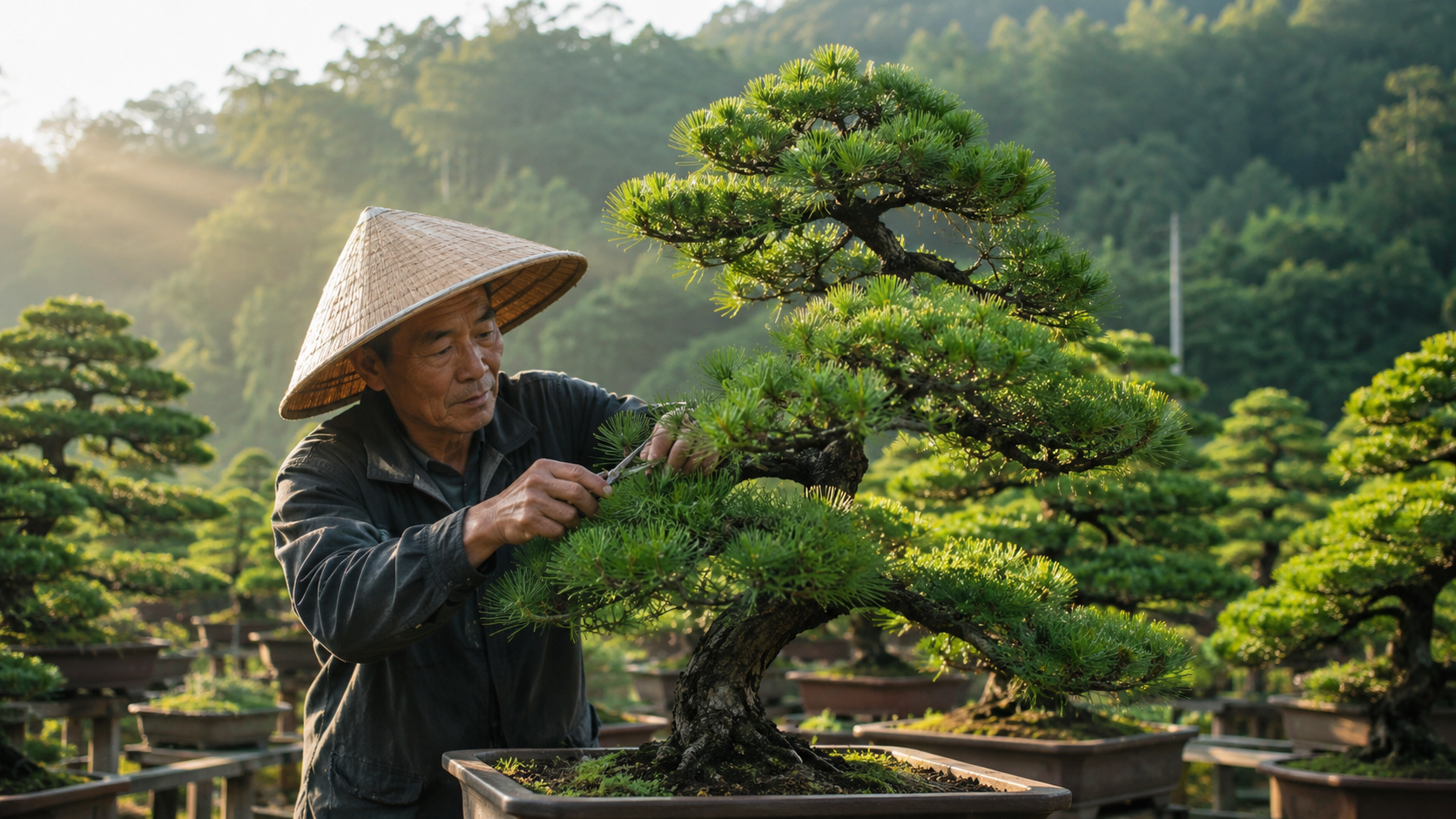 Nông dân chăm sóc cây thông cảnh trên đất nông nghiệp bên rừng