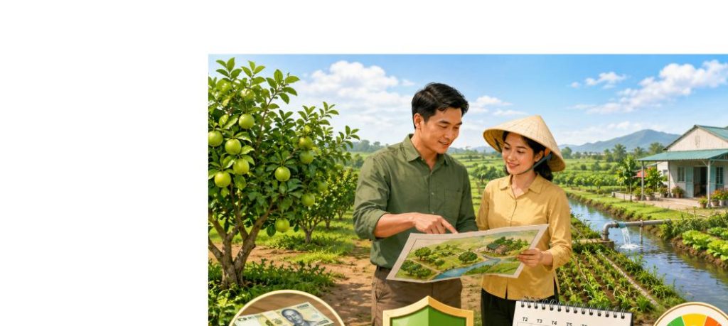 Đất nông nghiệp và tư duy dòng tiền - vợ chồng nông dân xem sơ đồ mảnh đất nông nghiệp 2026