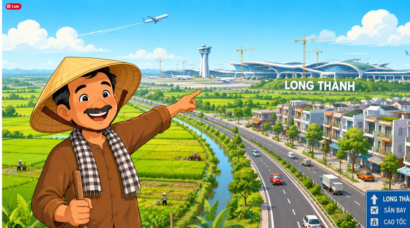 Đất nông nghiệp ven sân bay Long Thành minh họa hoạt hình bác nông dân và khu đô thị mới