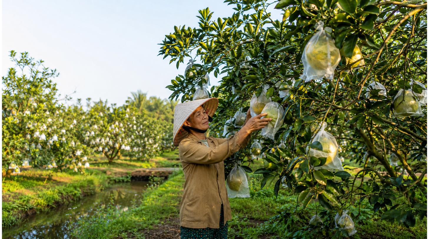 Đất nông nghiệp trồng cây ăn quả giá trị kinh tế cao – vườn trái cây cao cấp được bọc túi bảo vệ