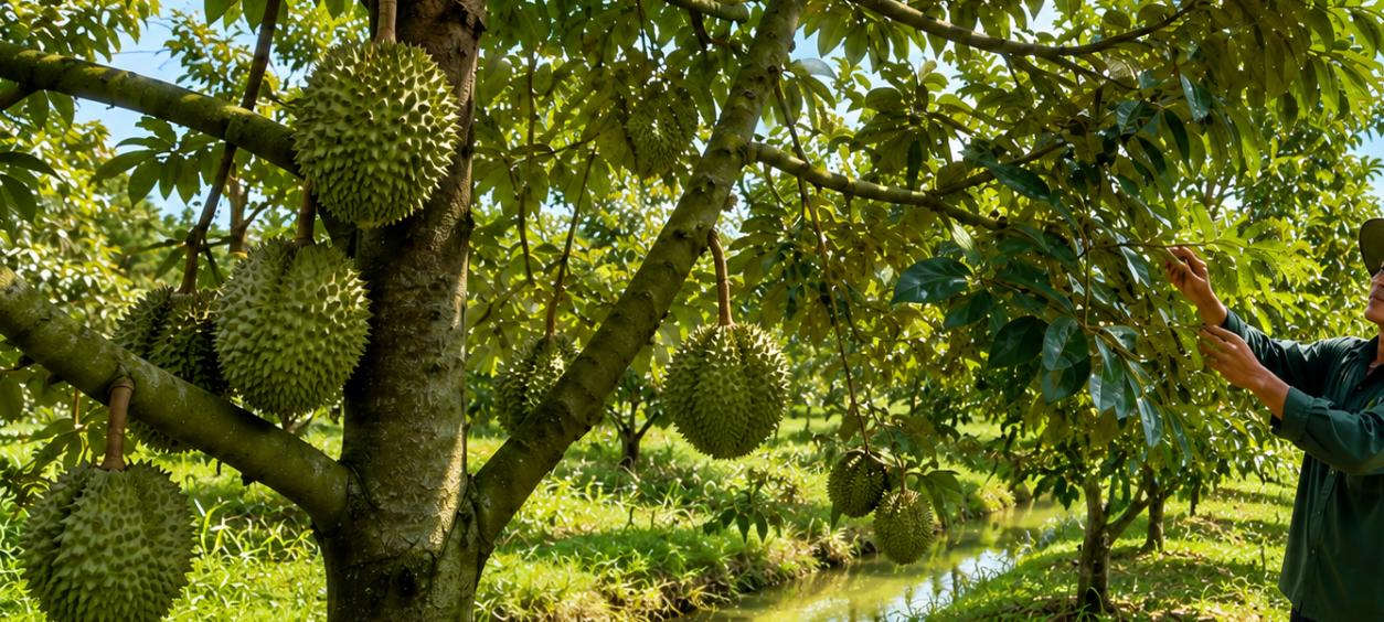 Vườn sầu riêng trên đất nông nghiệp trù phú, nông dân chăm sóc cây ăn trái giá trị cao 2025