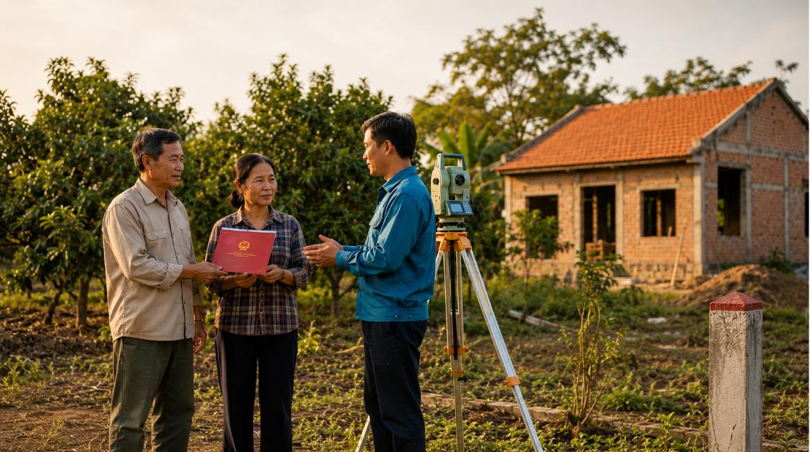 Đất thổ cư: cán bộ địa chính đo đạc thửa đất khi bà con xin chuyển mục đích sử dụng đất