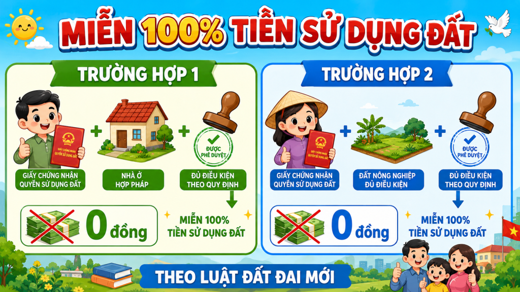 Infographic đất thổ cư - 2 trường hợp miễn 100% tiền sử dụng đất theo Luật Đất đai mới