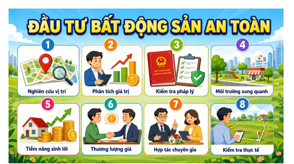 Infographic 8 bước kinh nghiệm đầu tư bất động sản an toàn cho người mới