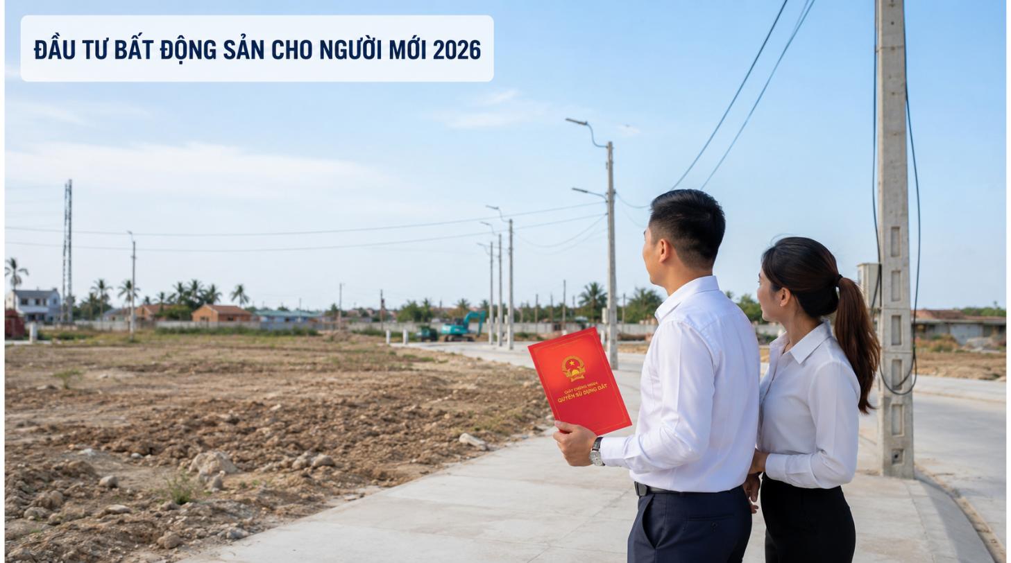 đầu tư bất động sản cho người mới 2026 - cặp nhà đầu tư kiểm tra sổ đỏ lô đất nền