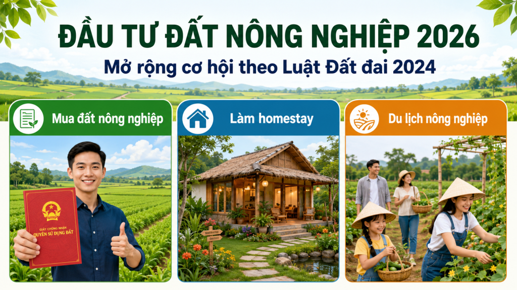 Đầu tư đất nông nghiệp 2026 - infographic mua đất, làm homestay, du lịch nông nghiệp theo Luật Đất đai 2024