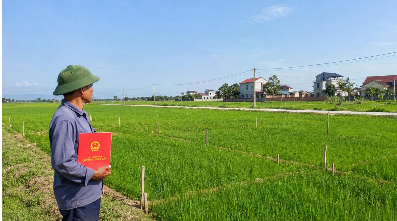Đầu tư đất nông nghiệp - nông dân cầm sổ đỏ trên cánh đồng lúa