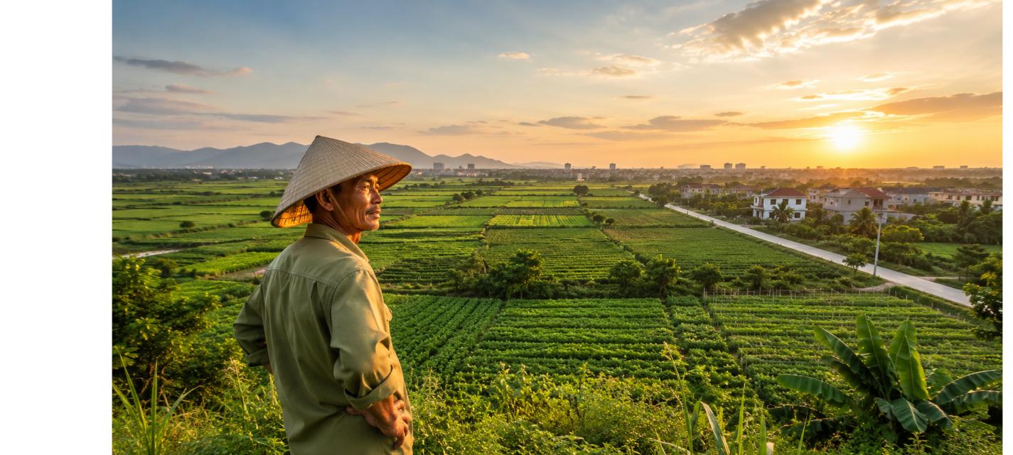 Đầu tư đất nông nghiệp: nông dân nhìn ra khu đất ven đô lúc bình minh