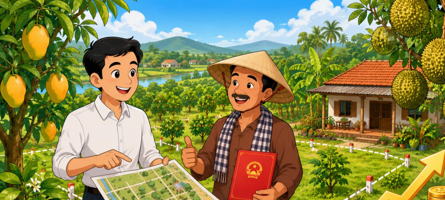Đầu tư đất vườn - minh họa nông dân và nhà đầu tư xem sơ đồ vườn cây ăn trái