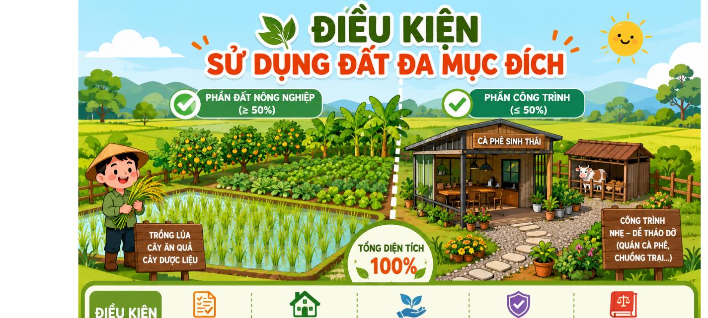 Điều kiện sử dụng đất nông nghiệp đa mục đích: phần nông nghiệp và phần công trình theo Luật Đất đai 2024