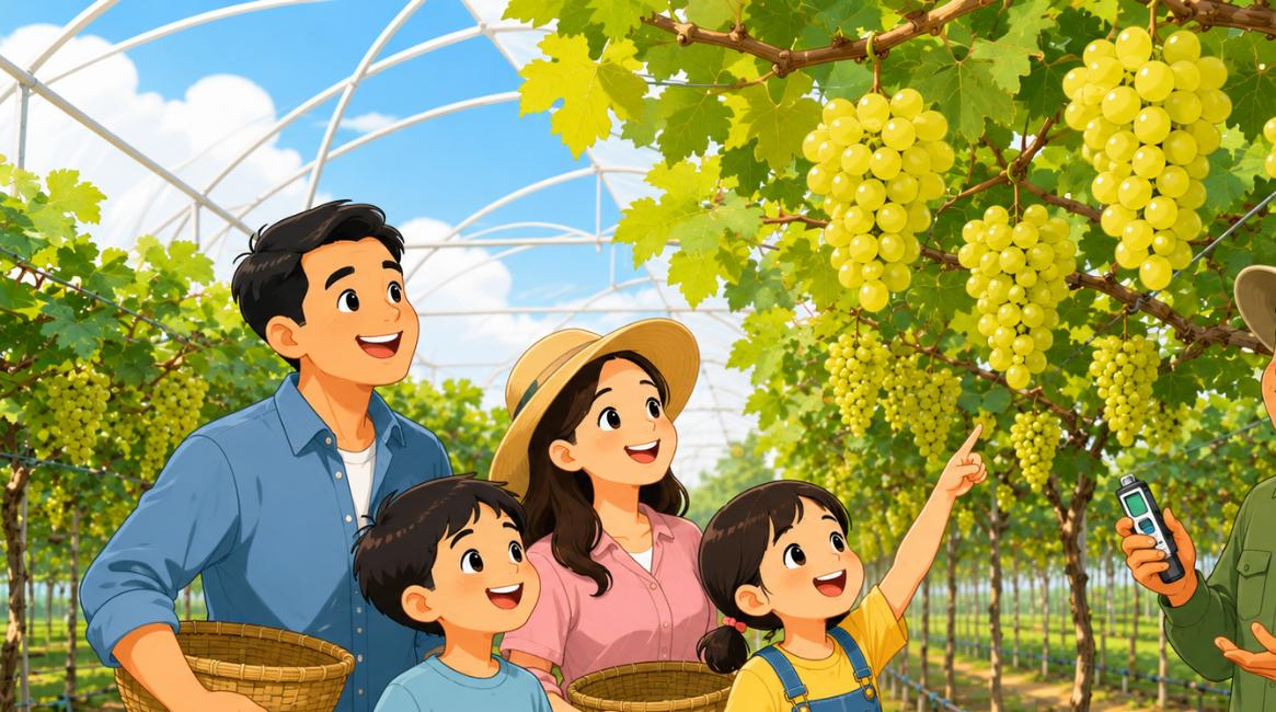 Khách trải nghiệm du lịch nông nghiệp hái nho sữa tại vườn