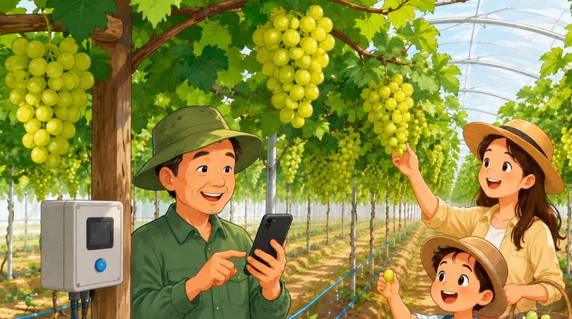 Hình hoạt hình mô tả du lịch sinh thái vườn nho sữa với hệ thống tưới nhỏ giọt tự động trong nhà màng